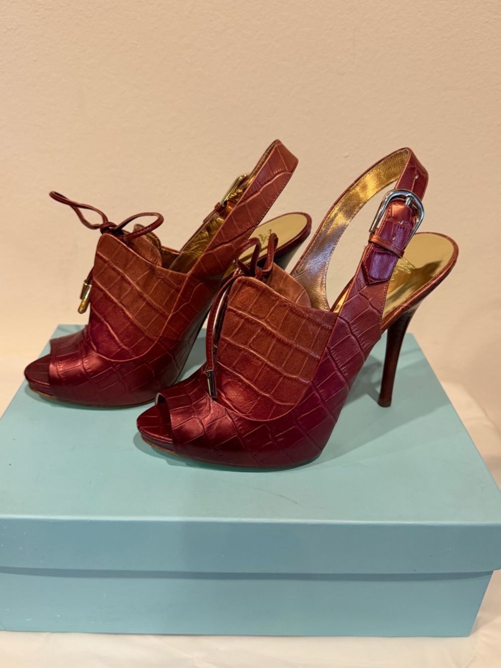 Marciano Burgundy Croc-Embossed Peep-Toe Slingback Heels